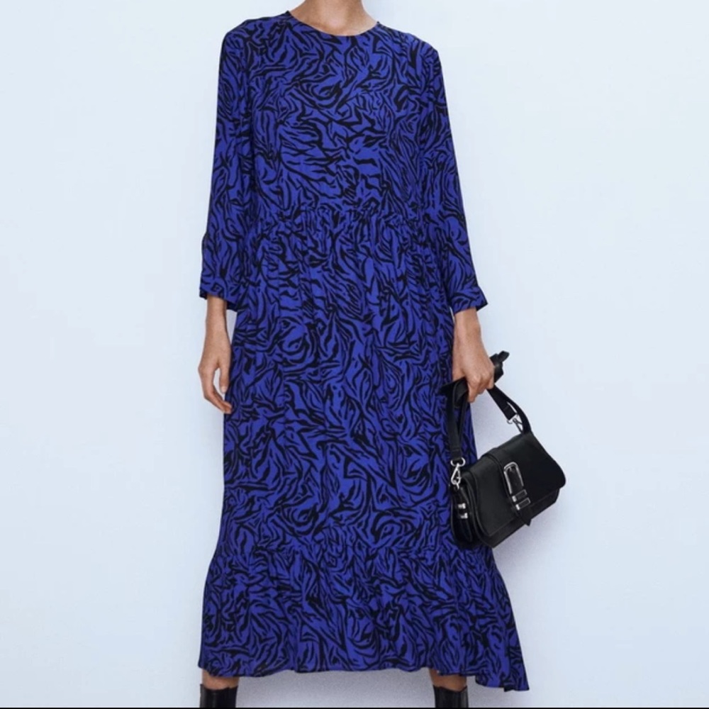 Zara Blue Zebra Print Midi Dress Size (Size S)